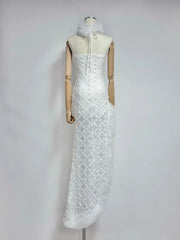 Lace Halter Neck Fur Trim Patchwork Side Split Midi Dress