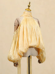 Stand Collar  Off The Shoulder Cut Ribion Blouse