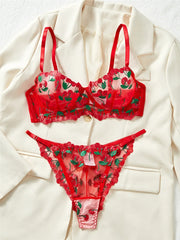 Red Cherry Embroidery Sheer Lingerie Set