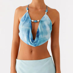 Beading Halter Cowl Neck Cropped Top