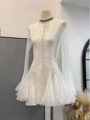 Lace Sheer Pleated Buttoned Long Sleeve Mini Dress