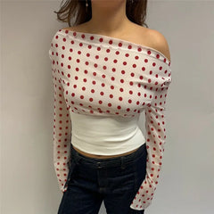 Off Shoulder Polka Dot Print Long Sleeve Top