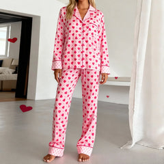 Pink Heart Dot Print Long Sleeve Turn Down Collar Top and Elastic Waist Pants Set