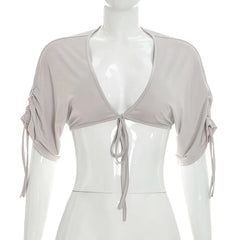 Drawstring Short Sleeve Deep V-Neck Tie Front Crop Top