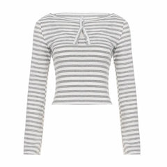 Gray and White Striped Button Long Sleeve Two Piece Set Top