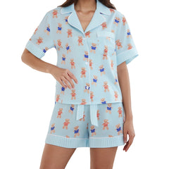 Blue Bear Print V Neck Short Sleeve Top with Shorts Lounge Wear Set