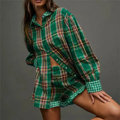 Plaid Print Button Down Lapel Long Sleeve Tops with Ruffled Shorts Set