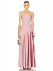 Pink Square Neck Straps Satin Patchwork Maxi Dress