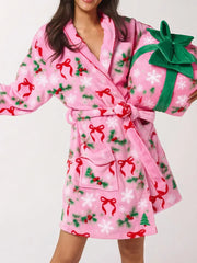 Christmas Fuzzy Fleece Short Robes with Belt Pockets