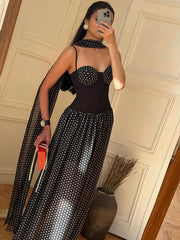 Black Polka Dot Patchwork Maxi Dress With Scarf