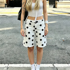 White Polka Dot Denim Bermuda Shorts
