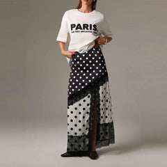 High Waist Satin Dot Print Lace Trim Patchwork Maxi Skirt