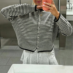 Striped  Crew Neck Open Front Button Down Cardigan