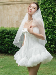 Strapless Bow Ruched Frill Lace Mini Dress