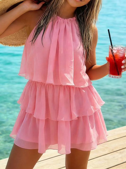 Ruffled Layred Halter Sleeveless Mini Dress
