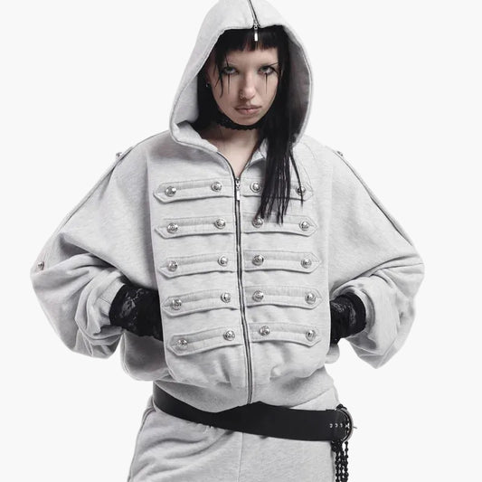 Military Style Braided Chest Trim Zip Up Hoodie