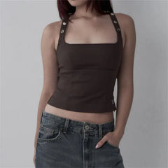 Metal Eyelet Cross Halter Square Neck Top