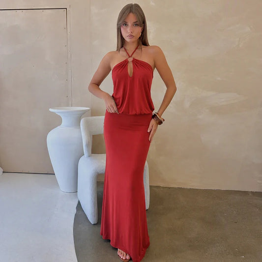 Red Halter Neck O‑Ring Maxi Dress