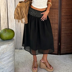 Polka Dot Stud Black Midi Skirt