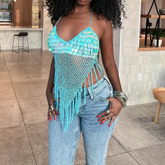 Sequin Knit Fringe Net Tie Up Open Back Top