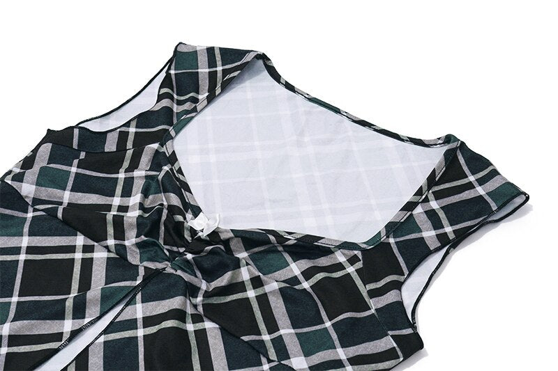 Black Plaid Slit Top And Mini Skirt Set