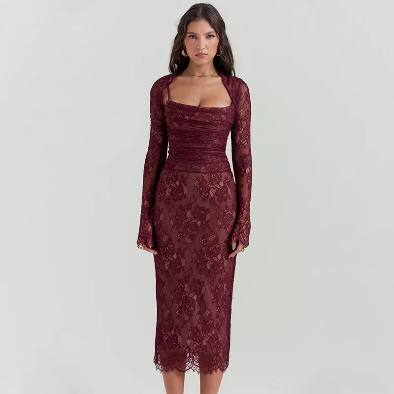 Red Lace Bodycon Long Sleeve Midi Dress