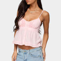 Ruffled Camisole V-Neck Button Tank Top
