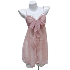 Tie Up Babydoll Mesh Dot Lace Nightdress with Panties Pajama Set