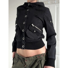 Black Hooded Cargo Snap Button Jacket with Pockets