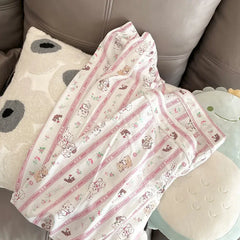 Pink Cartoon Cat Striped Long Sleeve Shirts And Pants Pajama Set