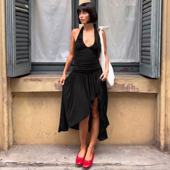 Brown Ruched Halter Midi Dress