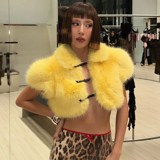Fluffy Faux Fur Crop Belt Buckle Jacket