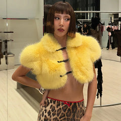 Fluffy Faux Fur Crop Belt Buckle Jacket