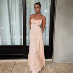 Pink Ruffle Back Tie Up Maxi Dress