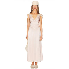 Deep V-Neck Ribbion Tie Up Satin Maxi Dress