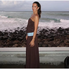 Brown Contrast Waist Cinched Strapless Long Dress
