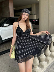 Black V-Neck Polka Dot Print Mini Dress
