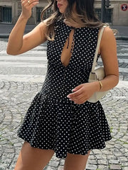 Black Polka Dot  Lace-up Cut Out Mini Dress