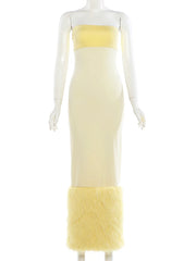 Yellow Fur Patchwork Short Jacket And Strapless Maxi Dress Set