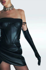 Black PU Leather Cinched Waist Pleated Mini Dress with Gloves