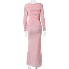 Boat Neck Mesh Long Sleeve Bodycon Maxi Dress