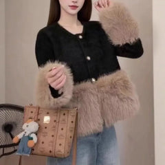 Pink O-Neck Patchwork Plush Knitted Cardigan