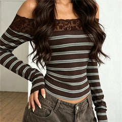 Brown Off-Shoulder Striped Lace Trim Long Sleeve Top