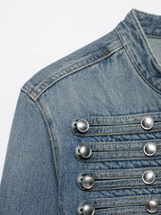 Denim Embroidered Button Jacket And Micro Shorts Set