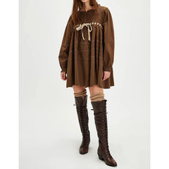 Bow Tie Long Puff Sleeve Embroidered Babydoll Mini Dress