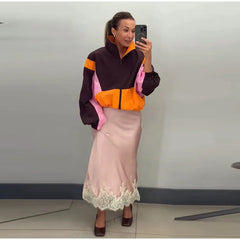 Color Block Collared Zip Up Jacket