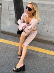 Lace Trim Button Front Cropped Top And Capri Pants Set
