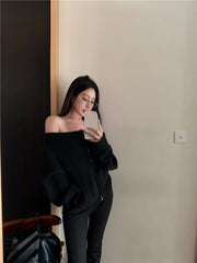 Off-Shoulder Zipper Knitted Jacket