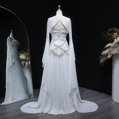 Cape Sleeve Chiffon Tiered Petals Sequined Pearl Embellished Gown