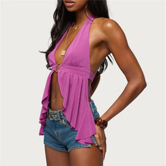 Deep O Ring Halter Front Slit Back Tie Top
